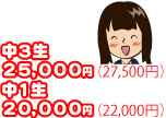 中3生 25,000円、中1生 20,000円